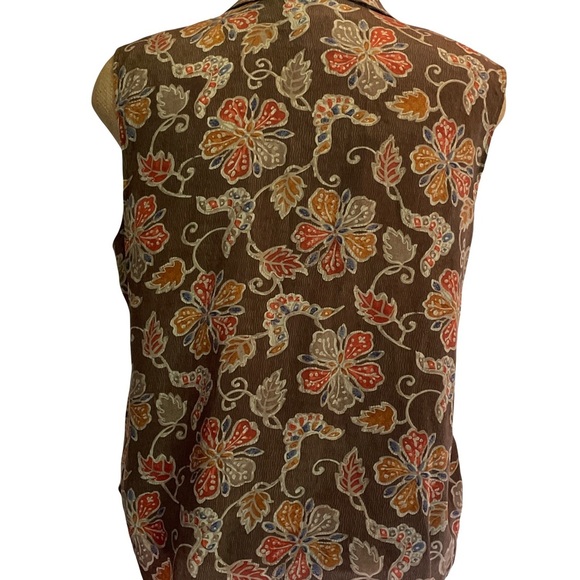 Rena Rowan Petite 100% silk Floral Brown Sleeveless tank Top with collar size 14 - Picture 3 of 5